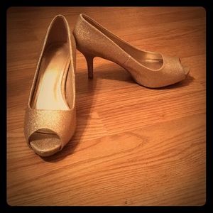Gold sparkly peep toe heels